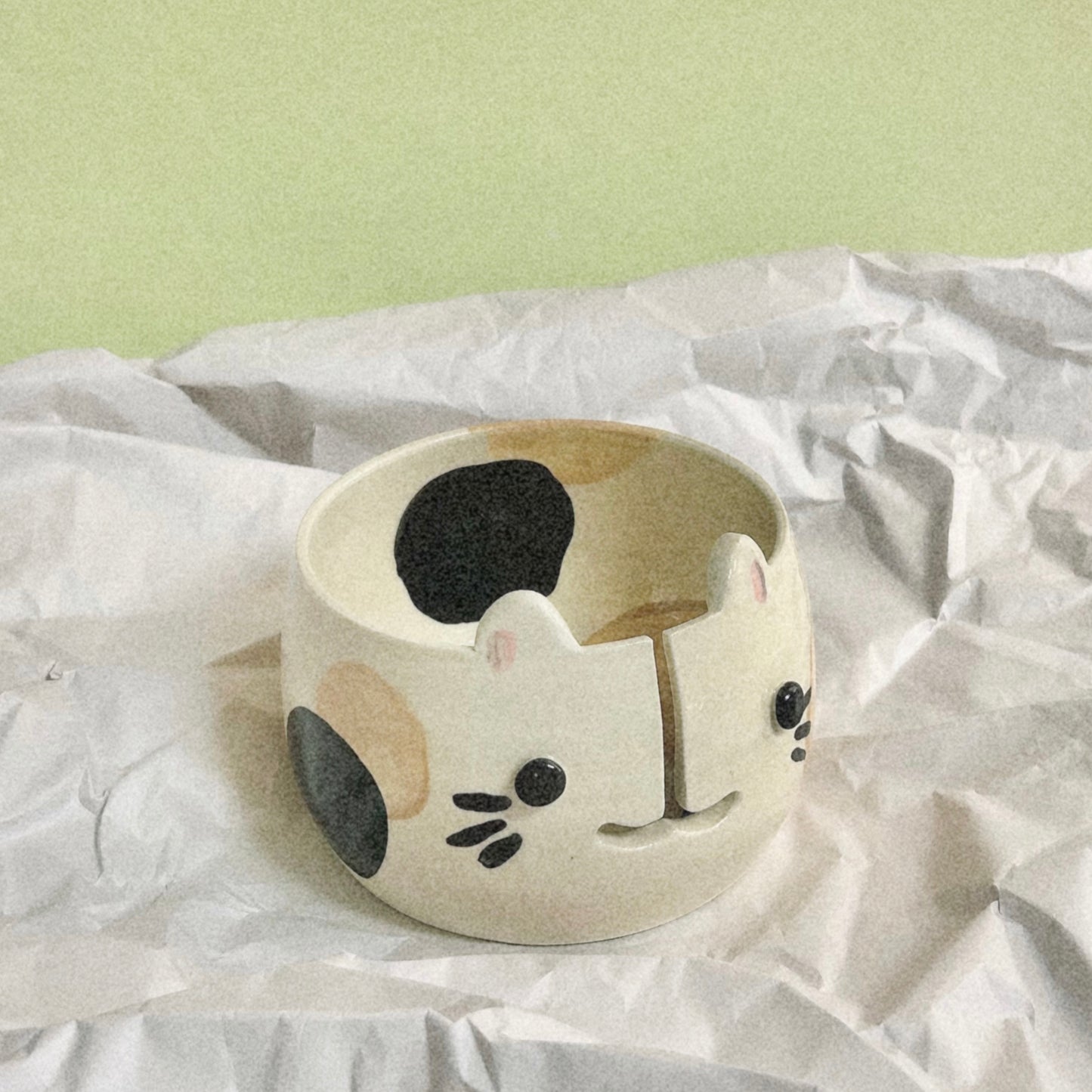 Handmade Pottery Yarn Bowl Black White Cats Burgundy Sponge Ware Signed 5  3/4
